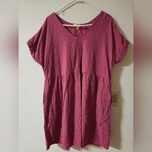 Pink Cuffed Sleeve Casual Minimalist  Cotton Dress 0X Size 14W